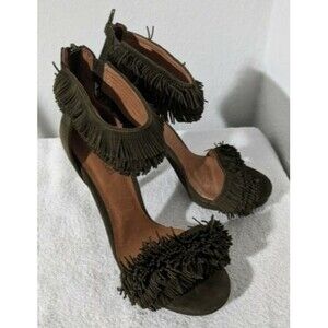 Jeffrey Campbell Women's Sz 10 Olive Dark Green Burke Fringe Sandals Heels Zip